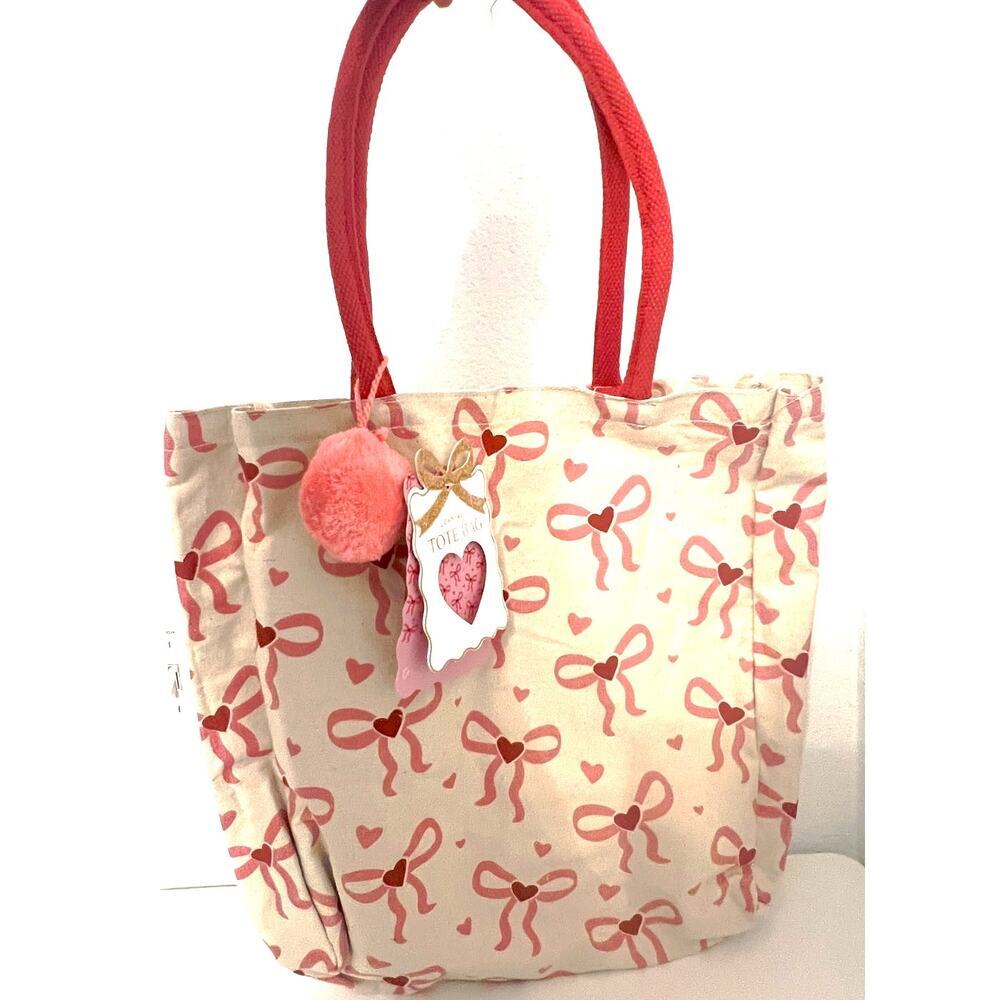 Pink Bow Pattern Canvas Tote Bag BEACH, Grocery‎ Tote, w/ Bag Charm